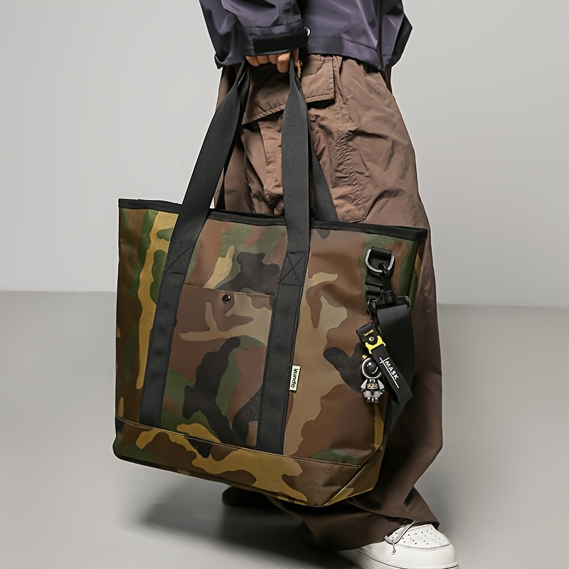 Image of Camo Nylon Tote Bag - Large Capacity, Durable With Adjustable Strap | Casual Outdoor Shoulder & Crossbody Bag With Reflective Detail & Free Keychain Charm