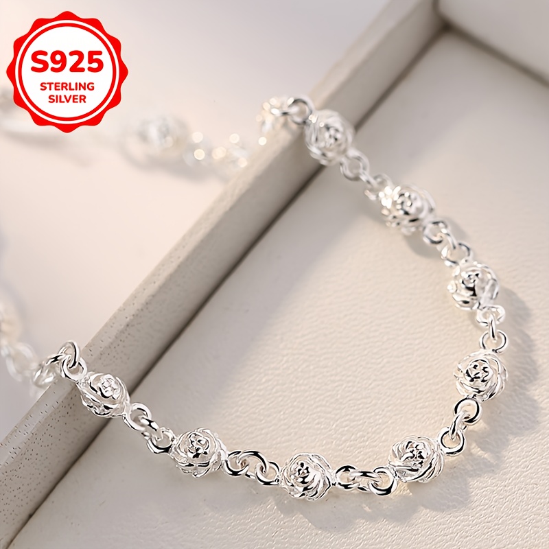 S925 Sterling Silver Rose Bracelet for Women, Adjustable Clasp