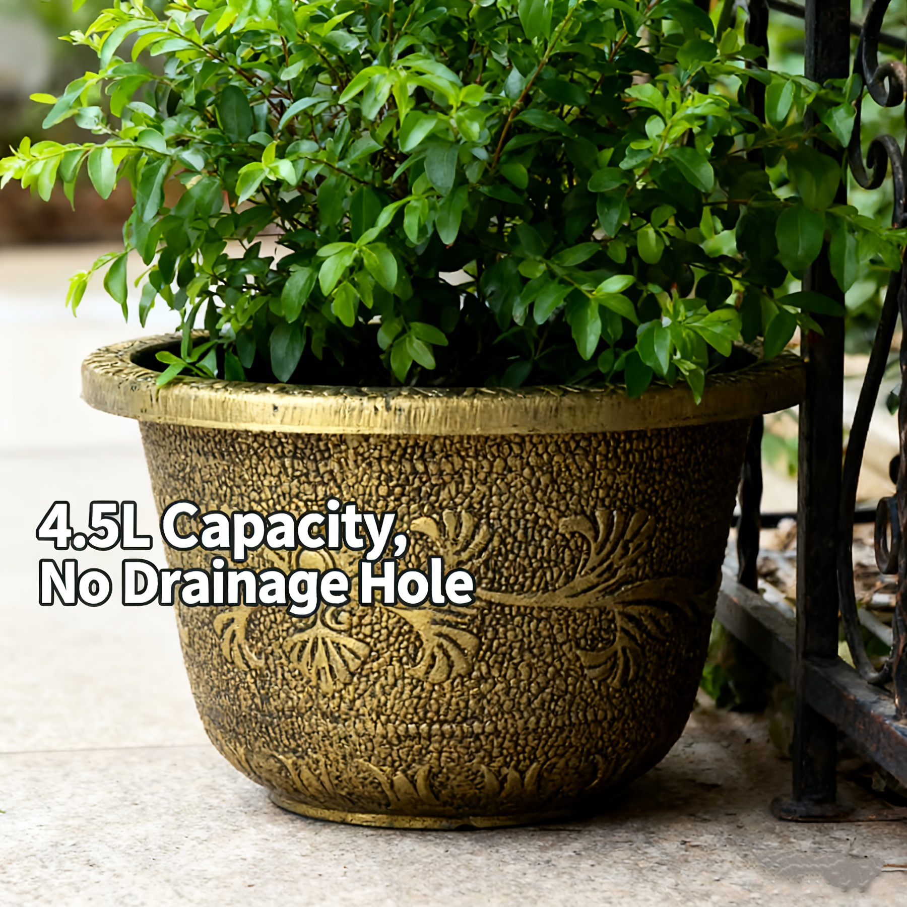 Image of 4.5l Thickened Resin Flower Pot, Bronze Round Planter Suitable For Planting , Etc., Suitable For Indoor And Outdoor Use, Embossed Pattern Round Flower Pot, Hydroponic Plant Landscaping