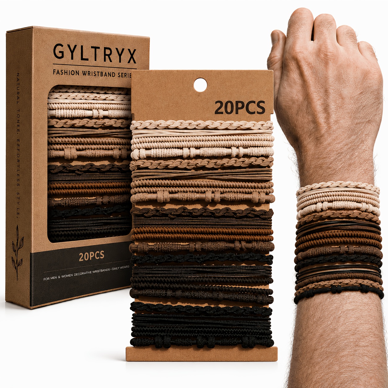 TEMU 20pcs Gyltryx Men's Outfit Accessories Set, 2-in-1 Braided Elastic Bracelets& Hair Ties, Unisex Beige Hair Bands Wristbands, Stackable Casual