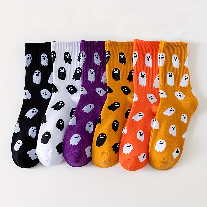 

6pcs Cartoon Knee-high Socks For Women - Cotton , Geometric Patterns, All