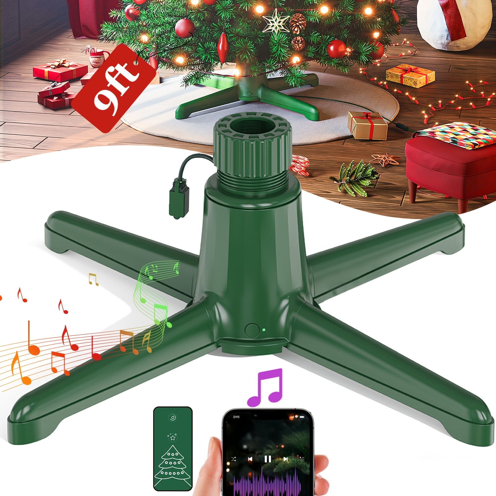 TEMU Musical Rotating Christmas Tree Stand With Speaker, Up To 9ft 120 Lb Artificial Christmas Tree, Spinning Stand With Remote, Fit For 1.25-2" In Tree Poles - 800w