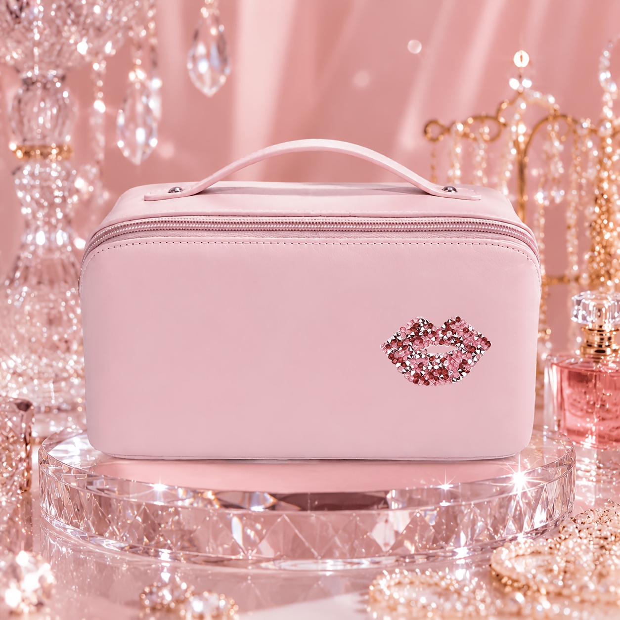 TEMU Large Capacity Makeup Bag With Brush Holders, Travel Toiletry Organizer For Women, Portable Cosmetic Case For Skincare And Perfumes, Zipper