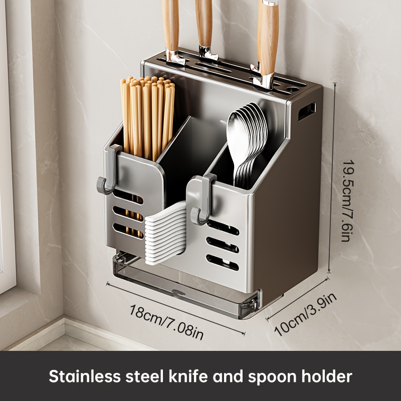 

Stainless Steel Knife And Chopstick Holder, Wall Mounted Kitchen Utensil Organizer, Multifunctional Storage Caddy With Drainage And Ventilation Design