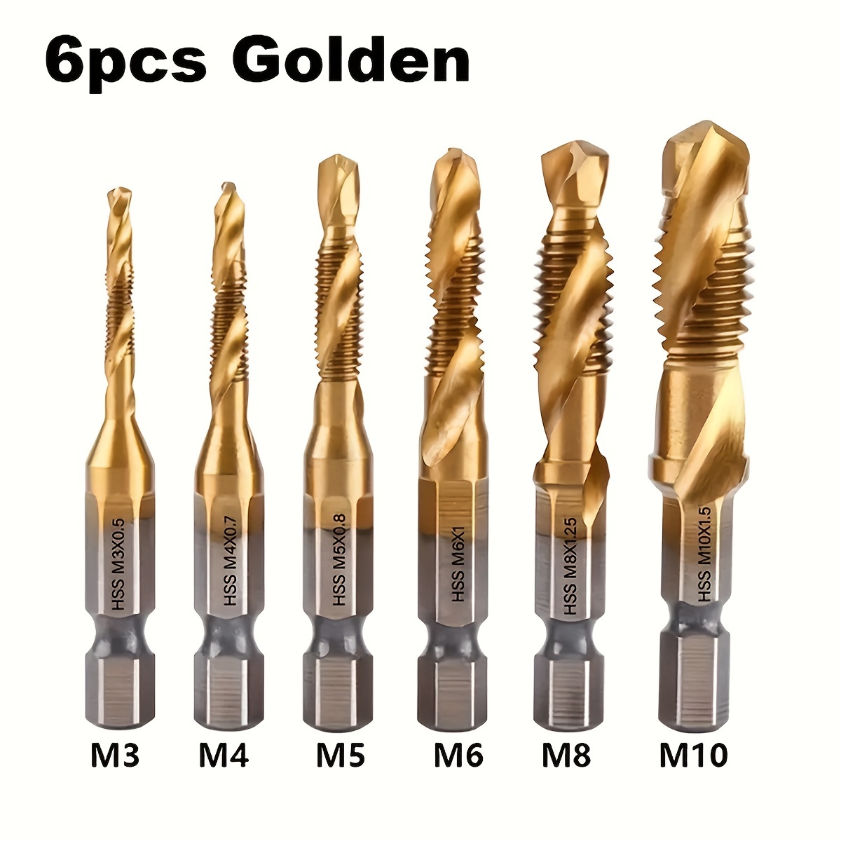 

6pcs Titanium-coated Drill & Tap Set - M3-m10 Metric Sizes, Steel For Fast & Precise Threading, Hex Shank, Improvement Tools