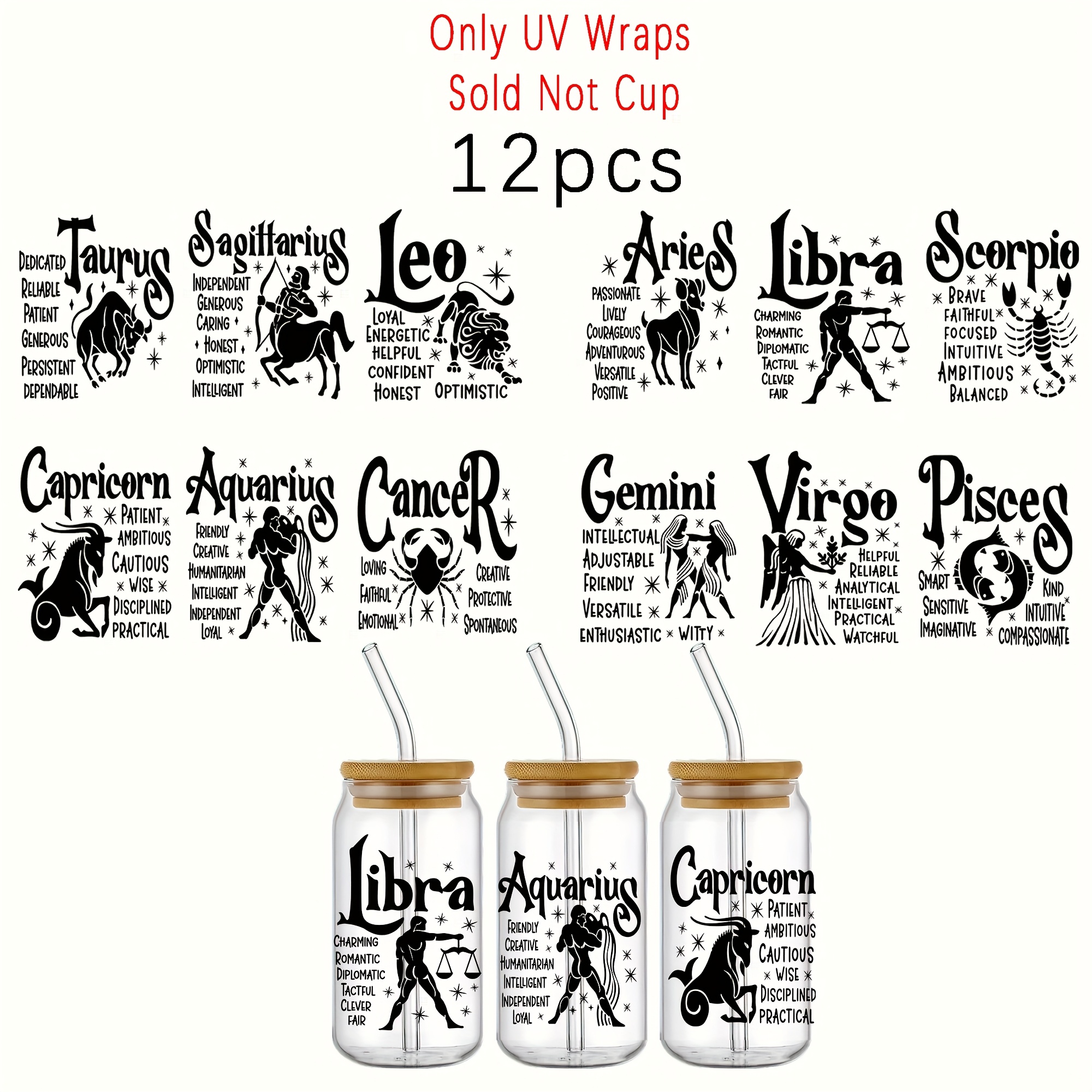 

12pcs Zodiac Sign Uv Dtf Transfer Stickers - Black Waterproof, Self-adhesive Decals With For Glass & More, Ideal For Mugs, Fridges, Coffee Cups - High-quality Pvc Diy Craft Supplies