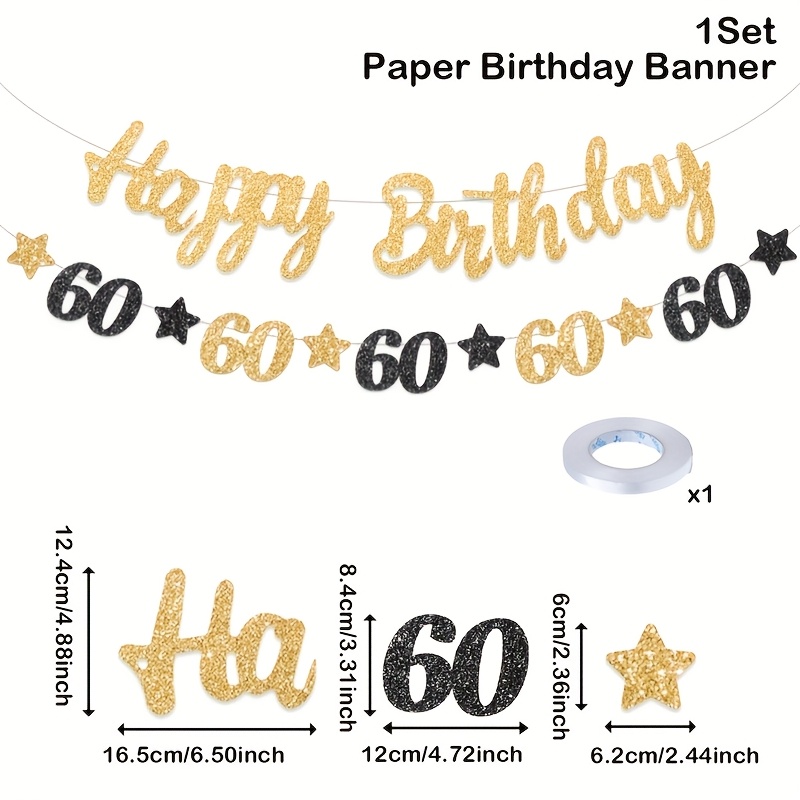 TEMU 1 Set, Banners, Black Golden 60th Birthday Pull Flag, Happy Birthday Paper Hanging Flag, Happy 60th Birthday Party Decoration, Adult Birthday