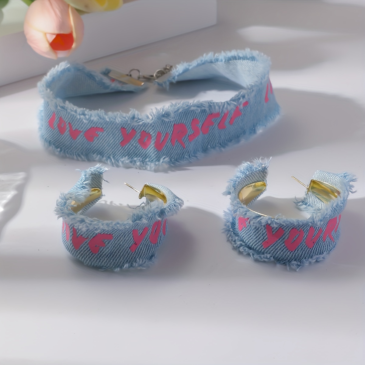 TEMU Fabric Choker Plus Hoop Earring Set Denim Blue Necklace Love Yourself Hoop Earring Personality Women Jewelry Set Choker For Girls