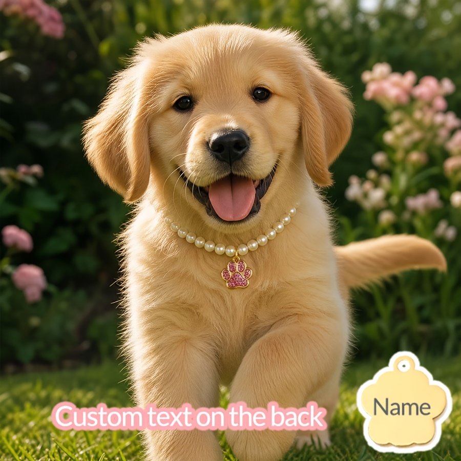 Personalized Imitation Pearl Pet Collar with Engraved Paw Print Pendant