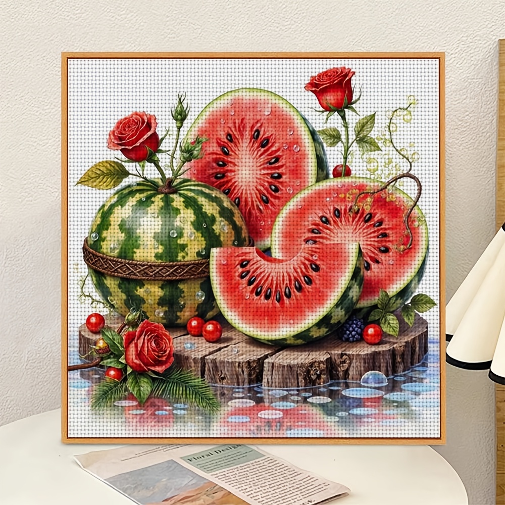 11CT Frameless DIY Cross Stitch Kit of Watermelon with Roses and Berries