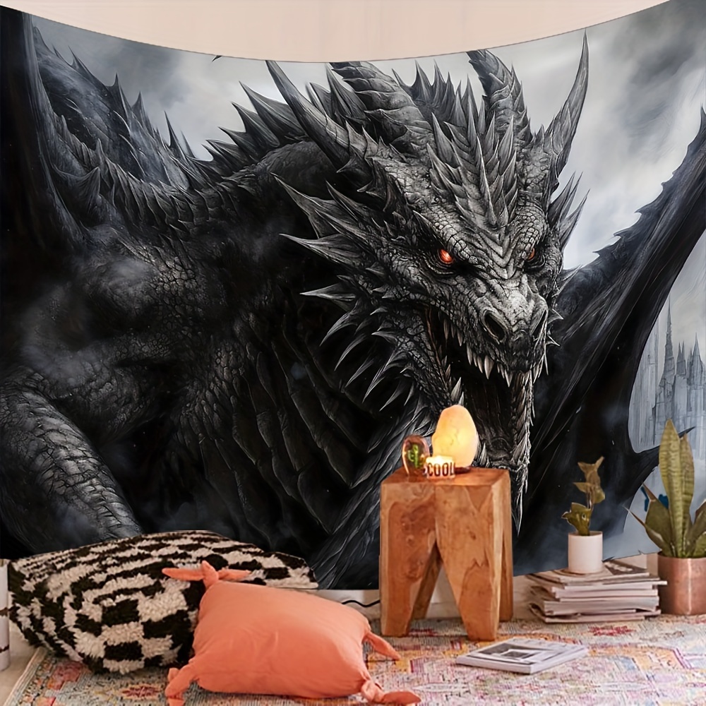 Medieval of Black Dragon Human Mythology Tapestry Hippie Art Wall  Hanging for Bedroom Aesthetics, Fantasy Themed Home Decor