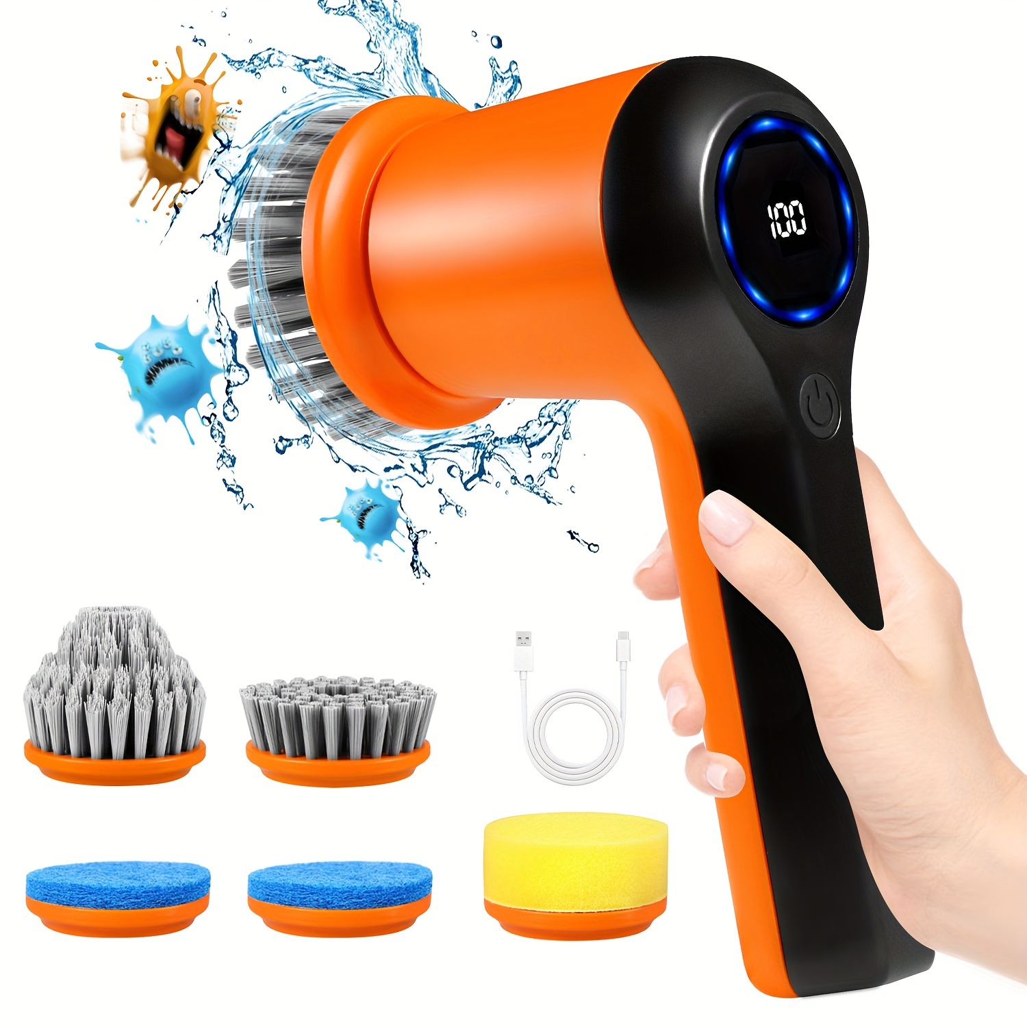 

1 Set, Electric Spin Scrubber, Rechargeable Bathroom Scrubber With Display And 5 Replaceable Brush Heads, 2 Speeds Cordless Cleaning Brush Scrubber For Bathtub, Tub, Tile, Floor