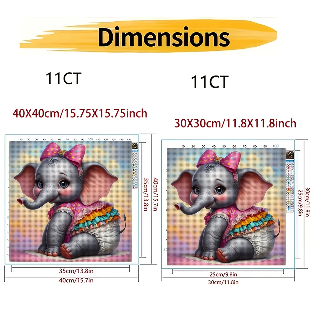 Frameless Cross-Stitch Printed Kit, Cute Little Elephant with Bow