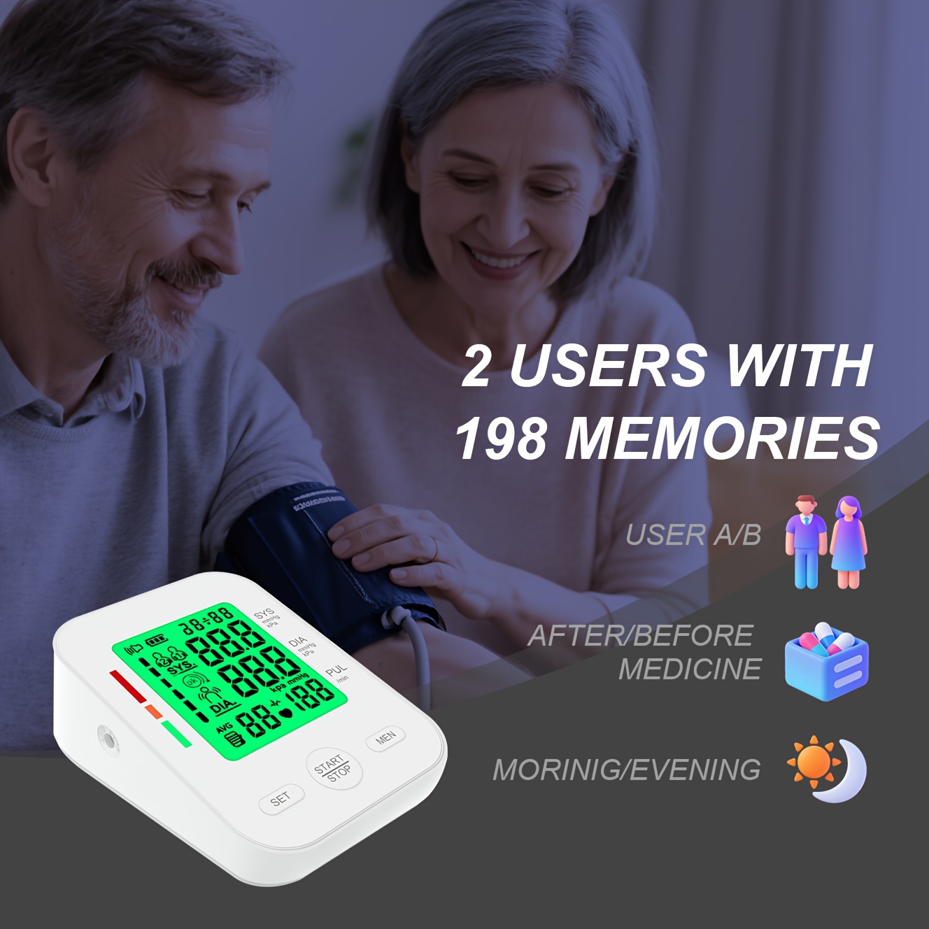 Fully Automatic Upper Arm Blood Pressure Monitor with Adjustable 22–42cm Cuff, Large LCD Display, 2 × 99 Memory, Heart Rate Monitoring, Positioning Guidance (Measuring Pose Reminder), 60‑Second Readings, Battery or USB Powered, Home Use & Elder Care - Image 8