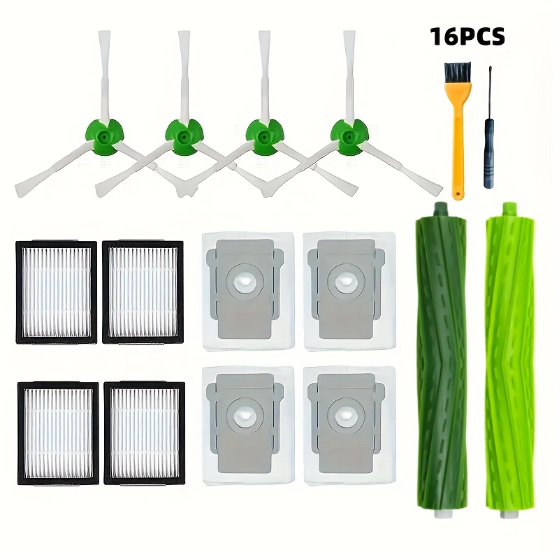 16pcs replacement parts and additions are applicable to   roomba i3 i3 i7 i4 i6 i6 i8 i8 plus e5 e6 e7 j7 i5 j5 i e   vacuum cleaners 2 rollers 4 filters 4 side brushes and 4 a dust proof bag and two tools