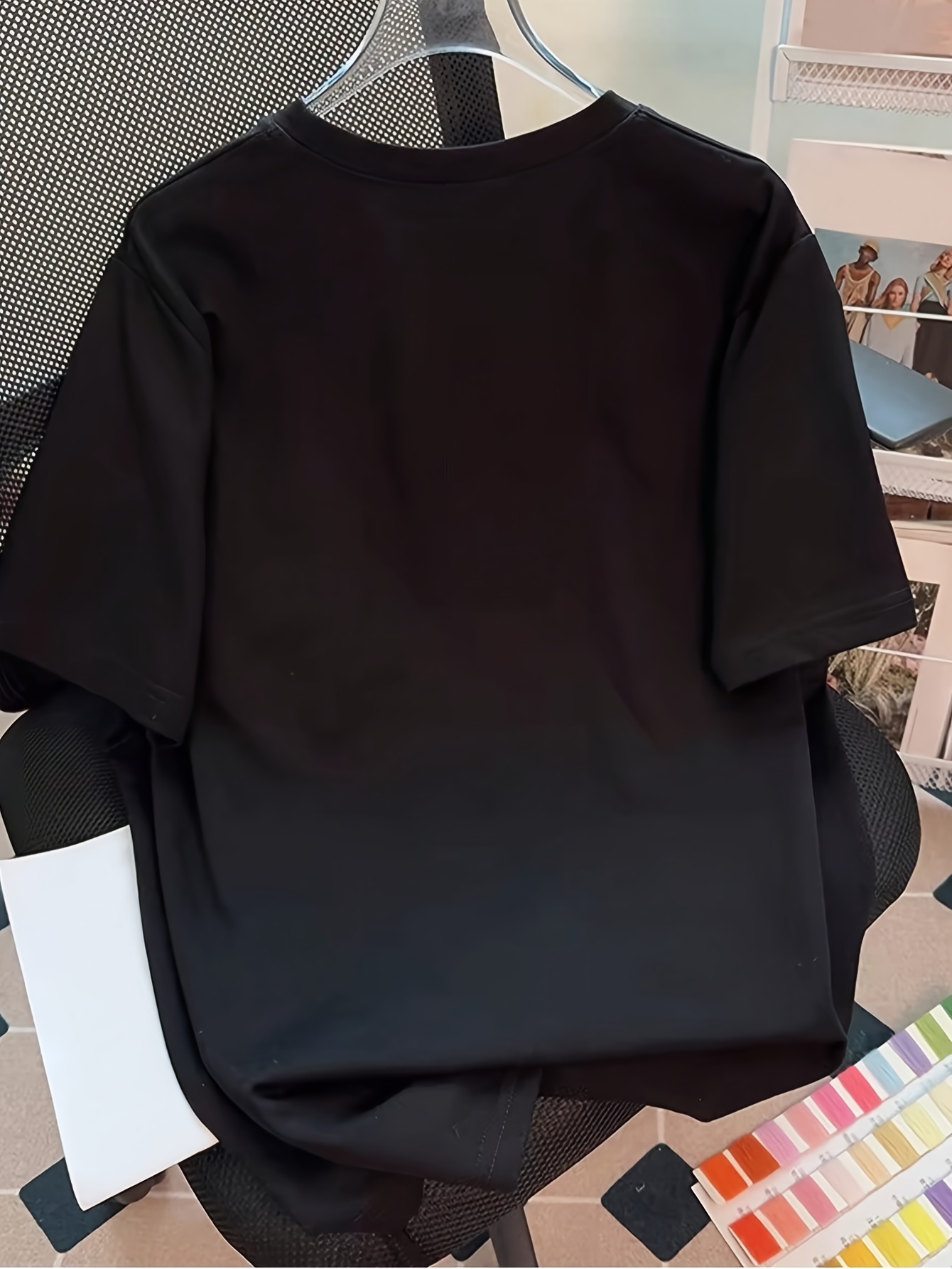 Women's Casual Short Sleeve Round Neck T-Shirt - Black with White Floral Applique, Medium Stretch Regular Fit Summer Top, Machine Washable, Ladies T Shirts, Everyday Top, Stylish Top, Breathable Material, Pullover Shirt, Stylish Women