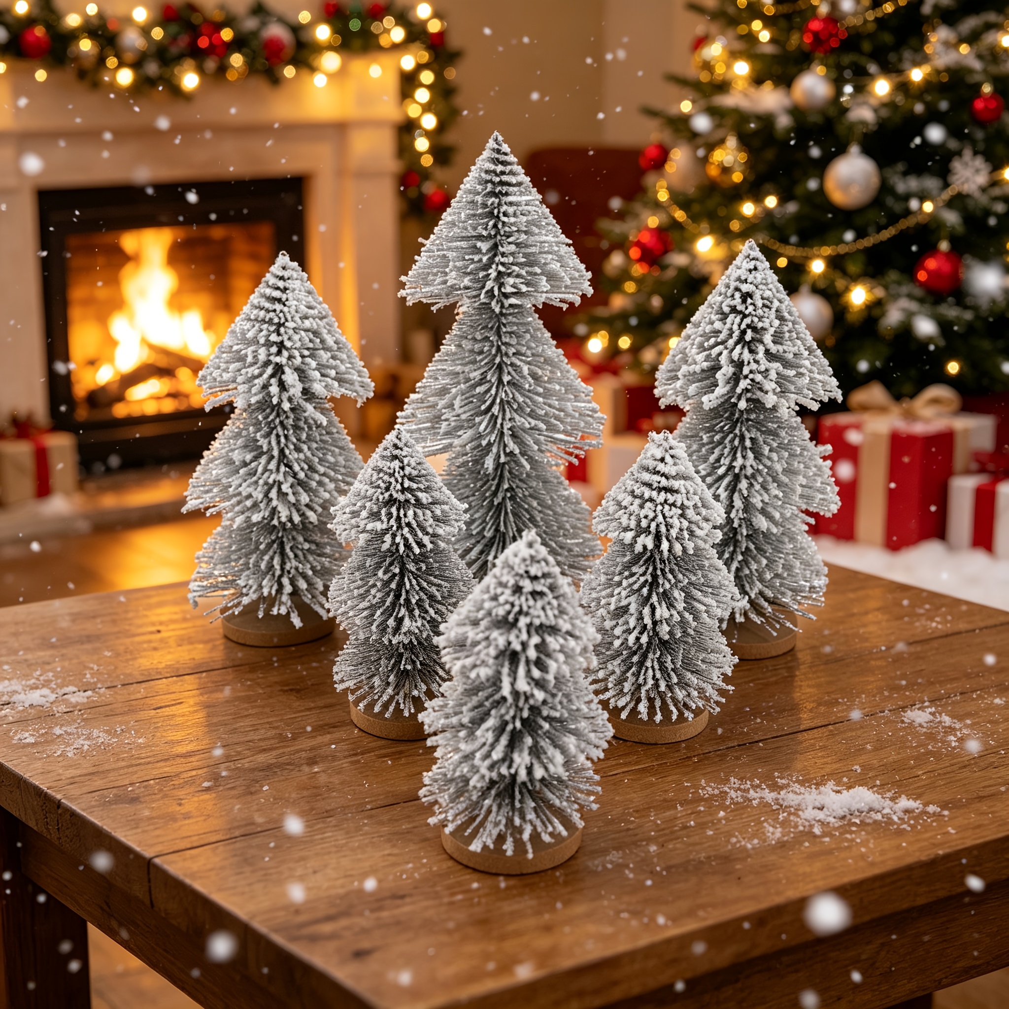 TEMU 6pcs Plush Mini Christmas Tree Set. White Synthetic Little Pine Tree Three-dimensional Decorative Piece. Desktop Display Window Micro Landscape.