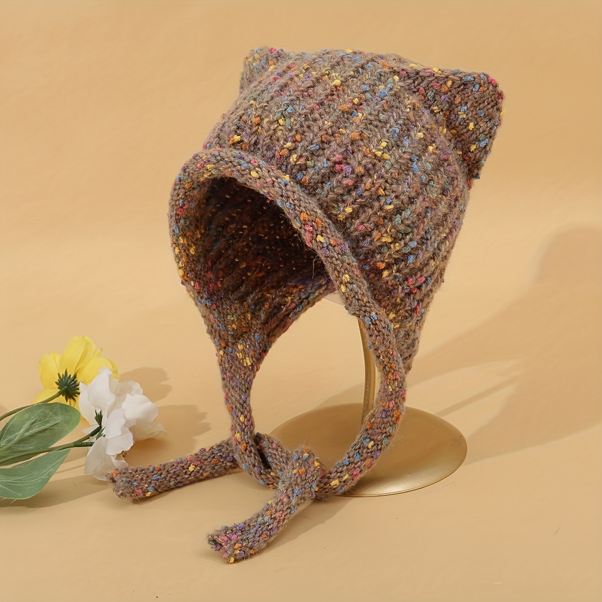 TEMU 1pc Autumn Winter Women's Color Hat With Tie, Warm Ear Protection