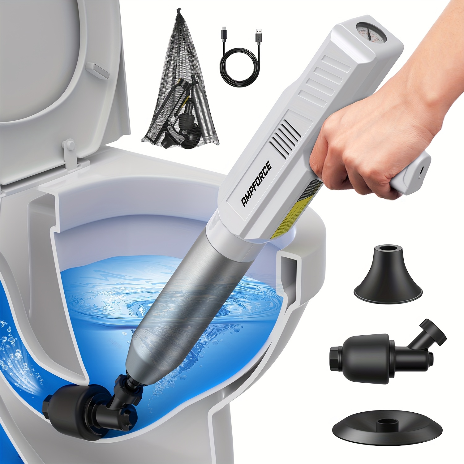 TEMU 8v Cordless Electric Toilet Plunger, High-pressure Pneumatic Toilet Unclogger With Real-time Pressure Display, Professional Power Drain Opener
