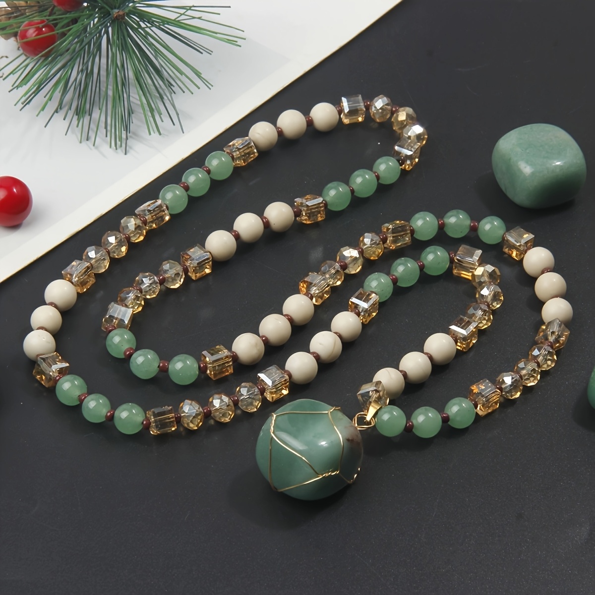 TEMU Long collier de perles d'aventurine verte naturelle, chaîne longue pour pull de 8 mm à , accessoire élégant et minimaliste, un bijou tendance en