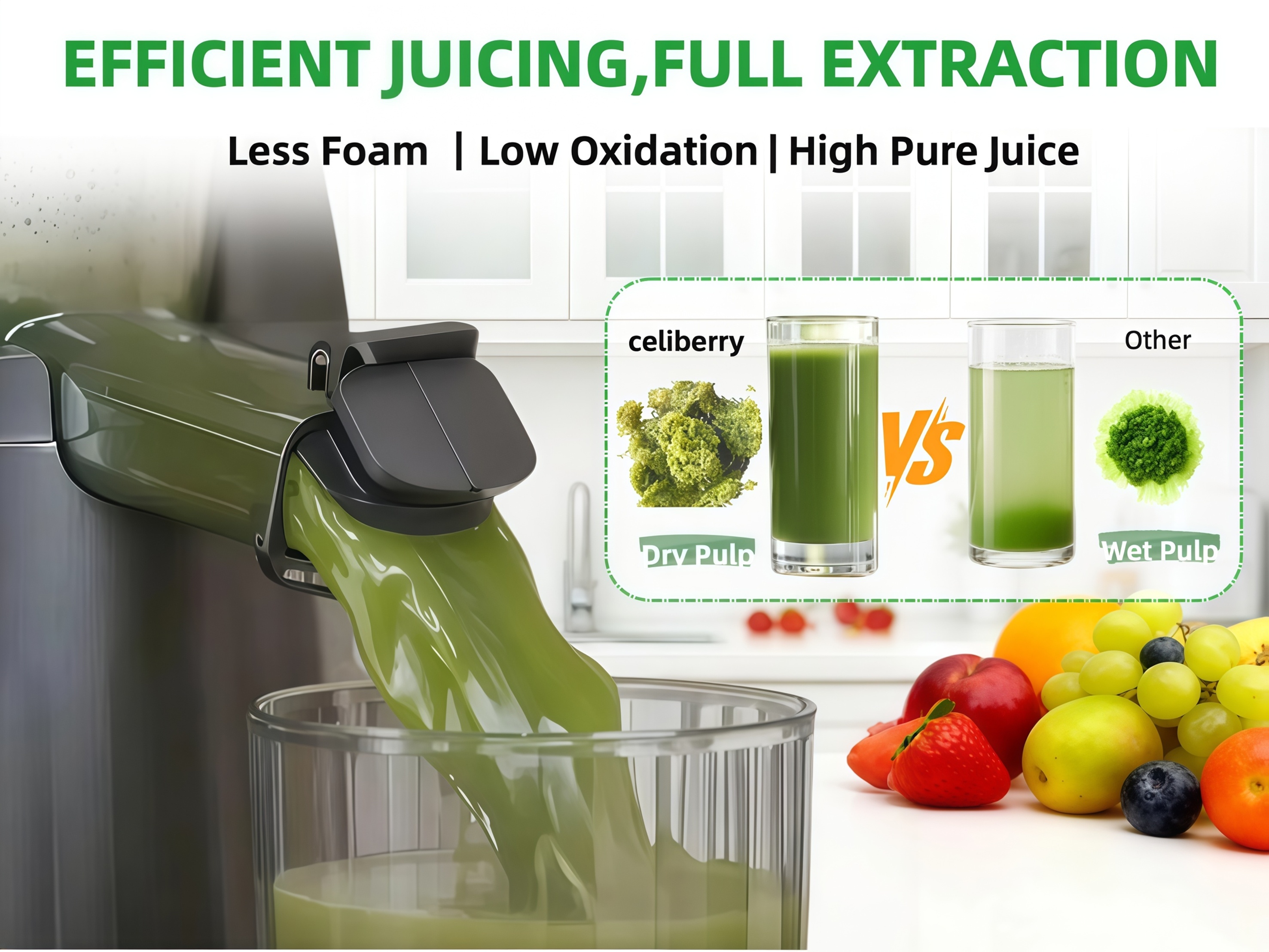 Celiberry Cold-Pressed Juicer, Slow-speed Masticating Juicer, Features a 4.25-inch Wide Feed Chute with Automatic Feeding Design Suitable for Whole Fruits and Vegetables. Achieves up to 98% Juice Extraction, Operates Quietly and Is Easy to Clean.