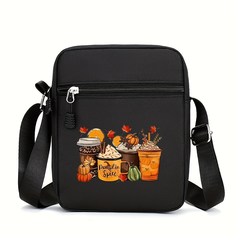 TEMU Autumn Pumpkin Spice Print Crossbody Bag - Adjustable Strap, Zipper Closure, Durable Nylon With Polyester Lining, Portable Everyday Essential
