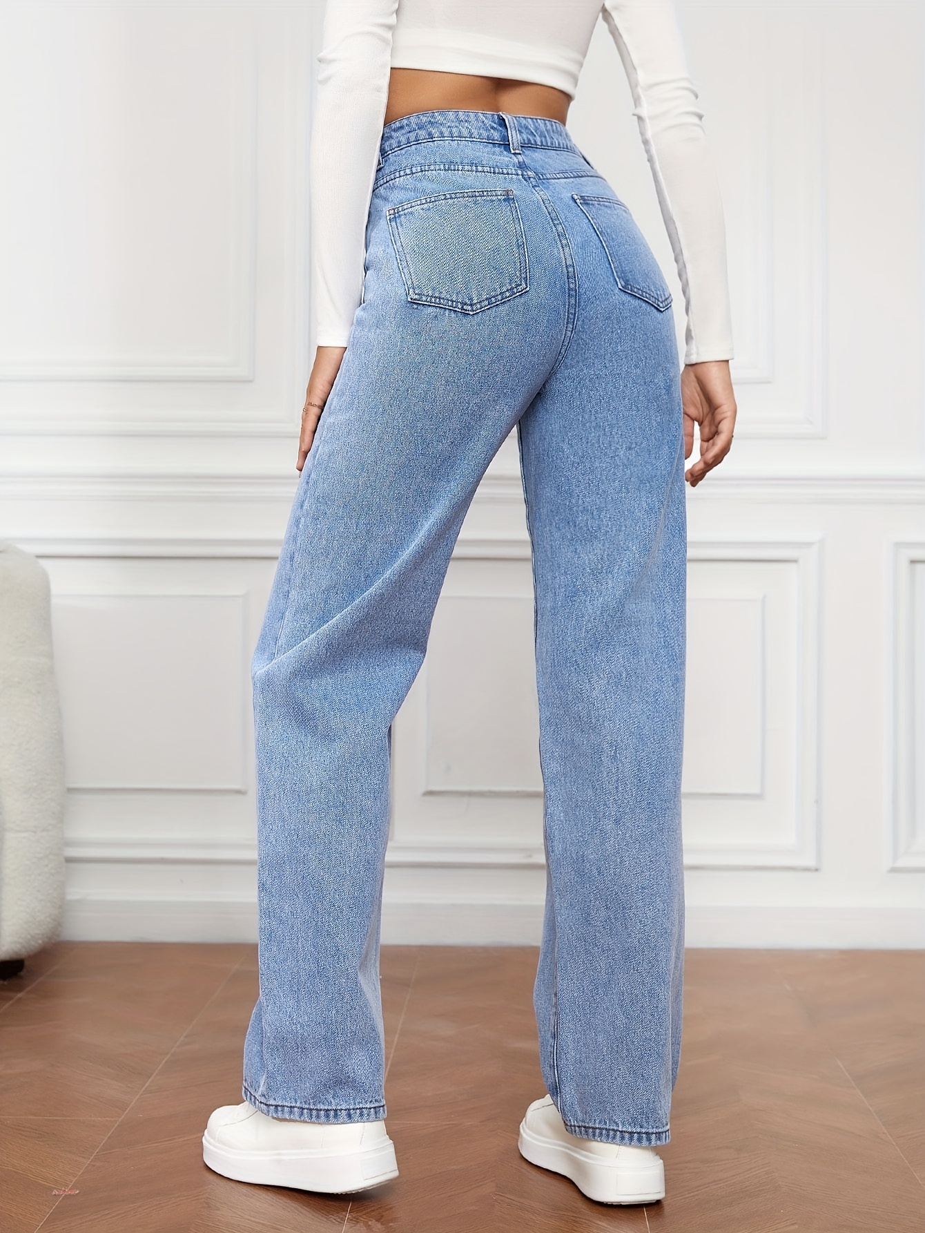 womens high waist washed jeans versatile straight leg pants casual style denim long trousers for daily wear details 6