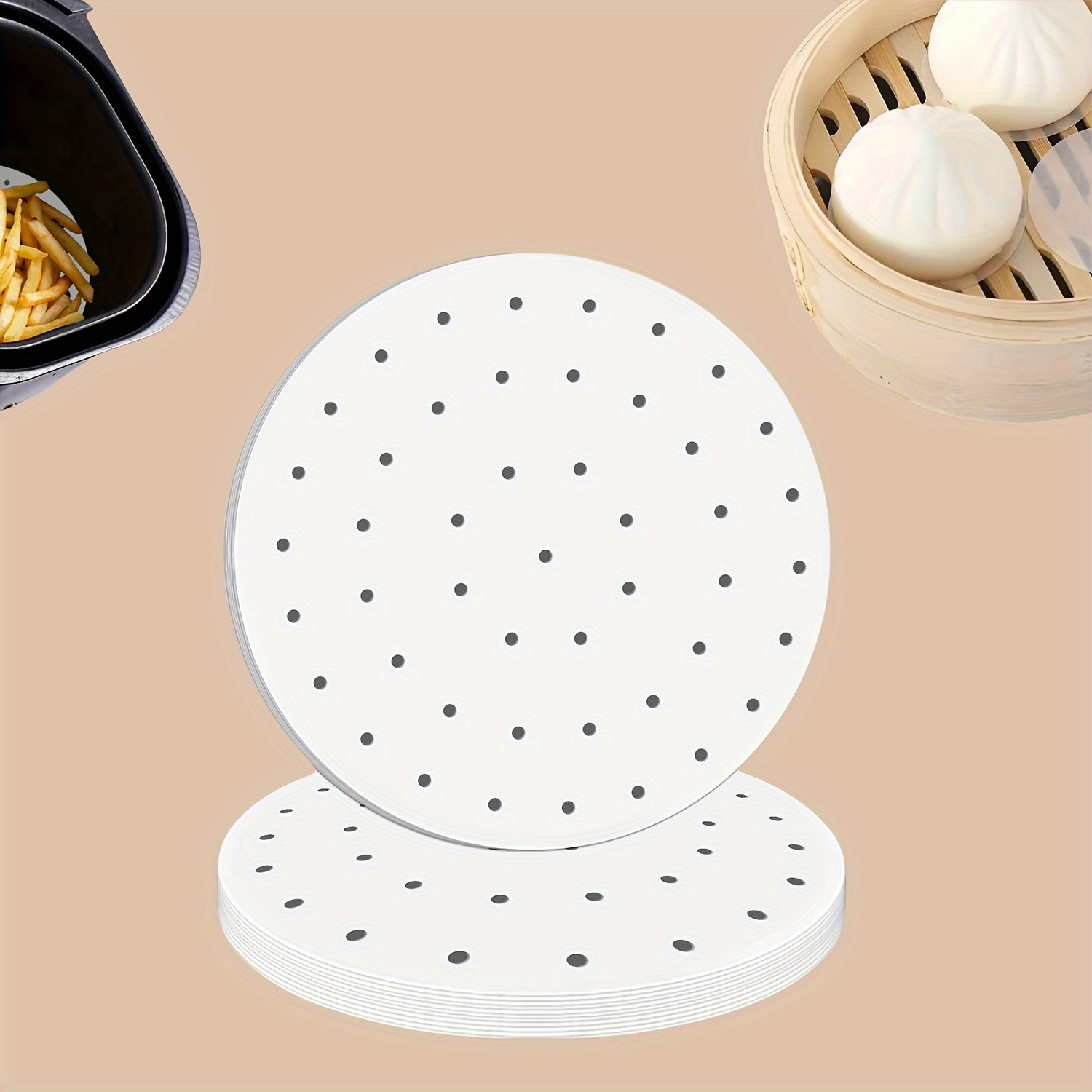 

100pcs Round Bamboo Steamer Liners, Wood , Unbleached Food Grade Paper, Waterproof, Ideal For Air Fryer, Oven, Microwave, Christmas, Halloween, Easter, Hanukkah, Thanksgiving