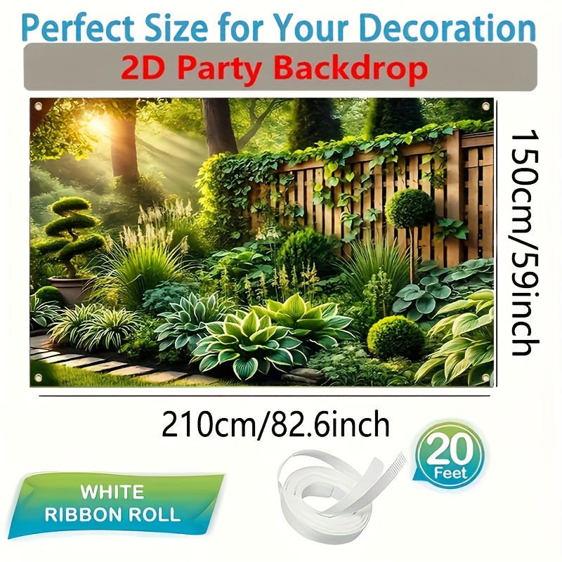 TEMU 2D - 2D - 1 pieza, Banner con un jardín y un de valla de madera, disponible en varios tamaños - un colorido revestimiento de pared de poliéster