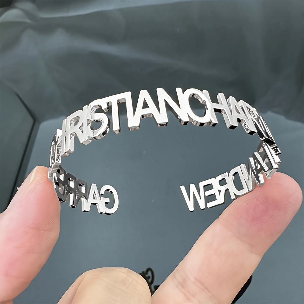 Image of Stainless Steel Name Bracelet, Letter-engraved Open Bangle, Custom Jewelry Gift, Birthday Gift For Her, Wedding Gift, Gift For Mom, Mother's Day Gift