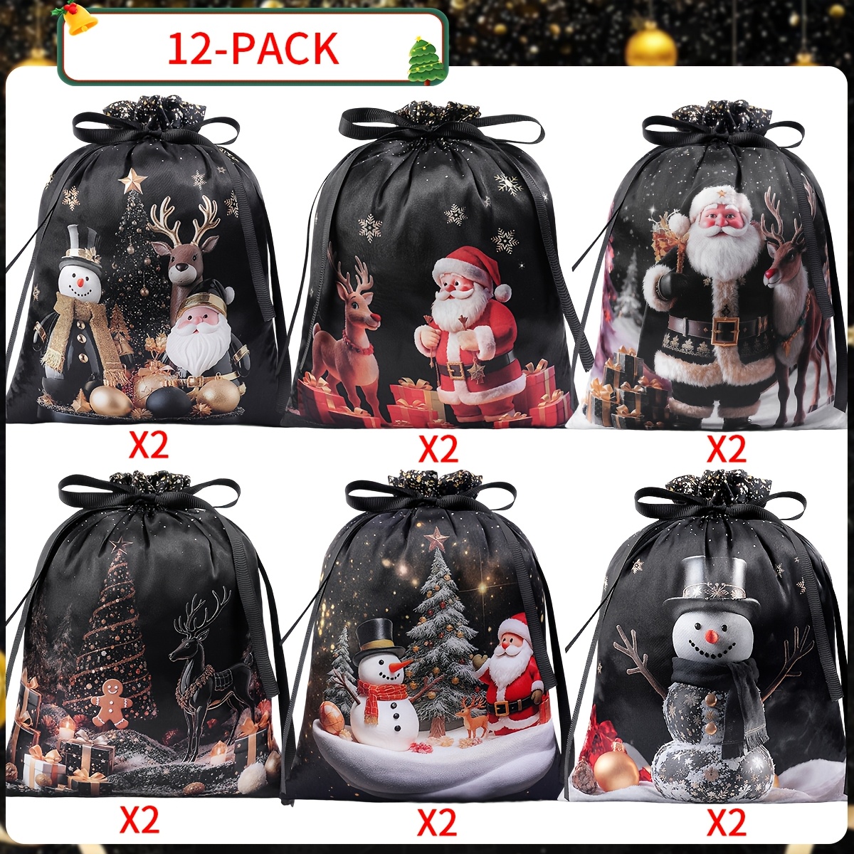 TEMU 12pcs Medium Xmas Drawstring Satin Gift Bags -christmas Black Drawstring Gift Bags-reusable Advent Calendar Candy Treat Bags Bags-xmas Christmas