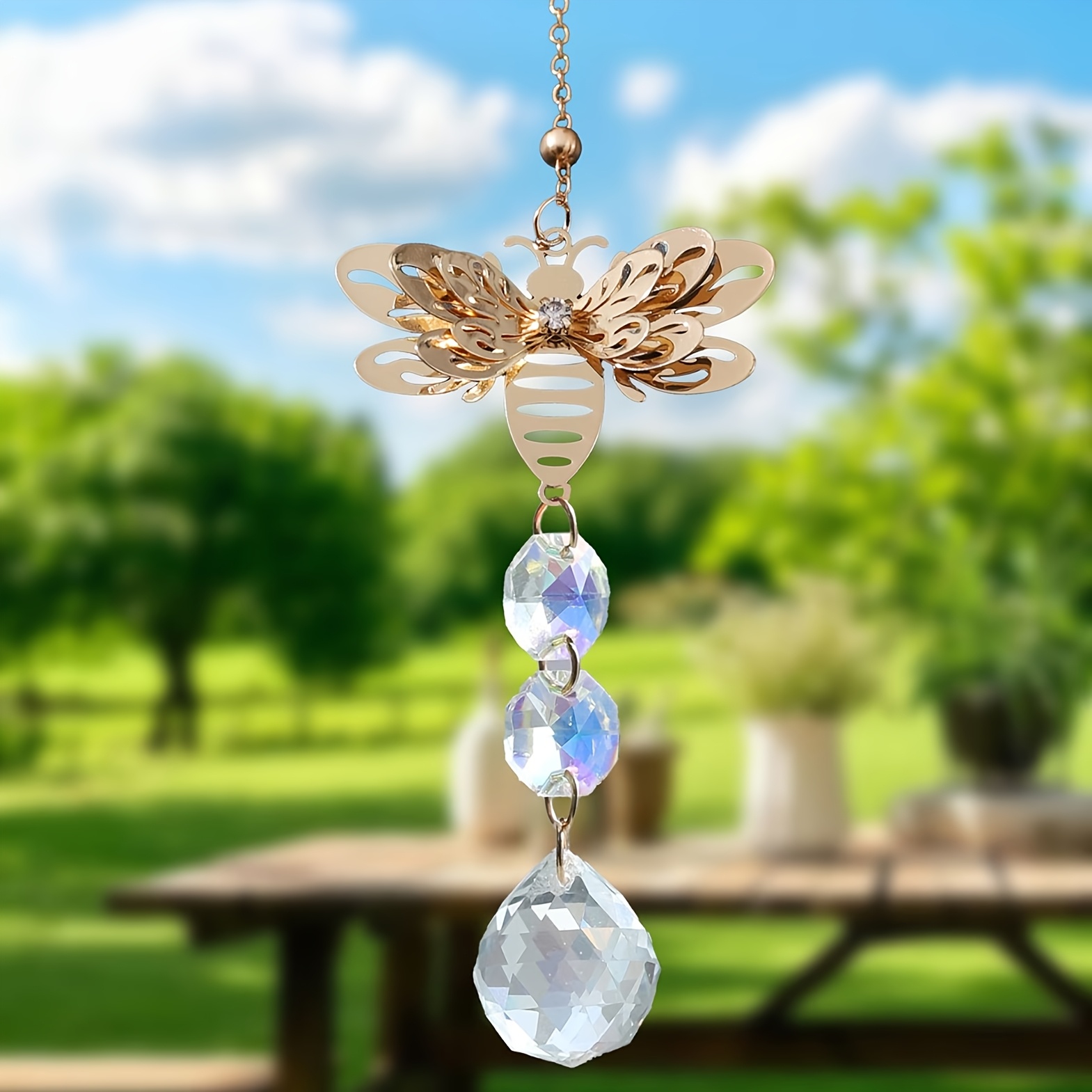 TEMU 1pc, Honey Bee Wind Chime, Bee Yard Art Decor, Outdoor Decor, Beekeeper Gift Gardener Gift, Metallic Spinning Suncatcher With Colorful Crystals,