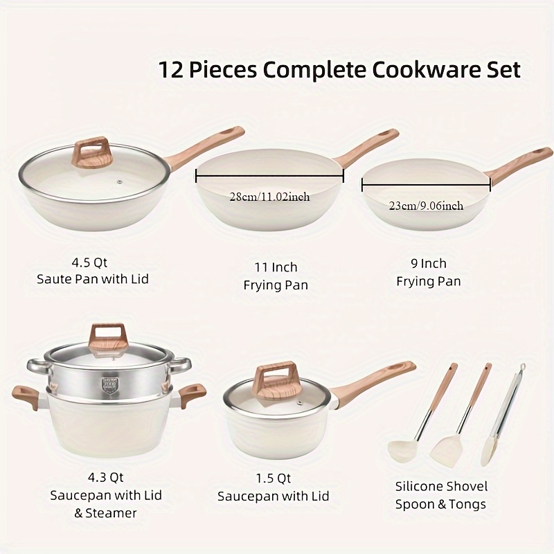 12pcs nonstick cookware set white granite induction compatible   pfos free   frying pans saucepans for home kitchen for winter details 8