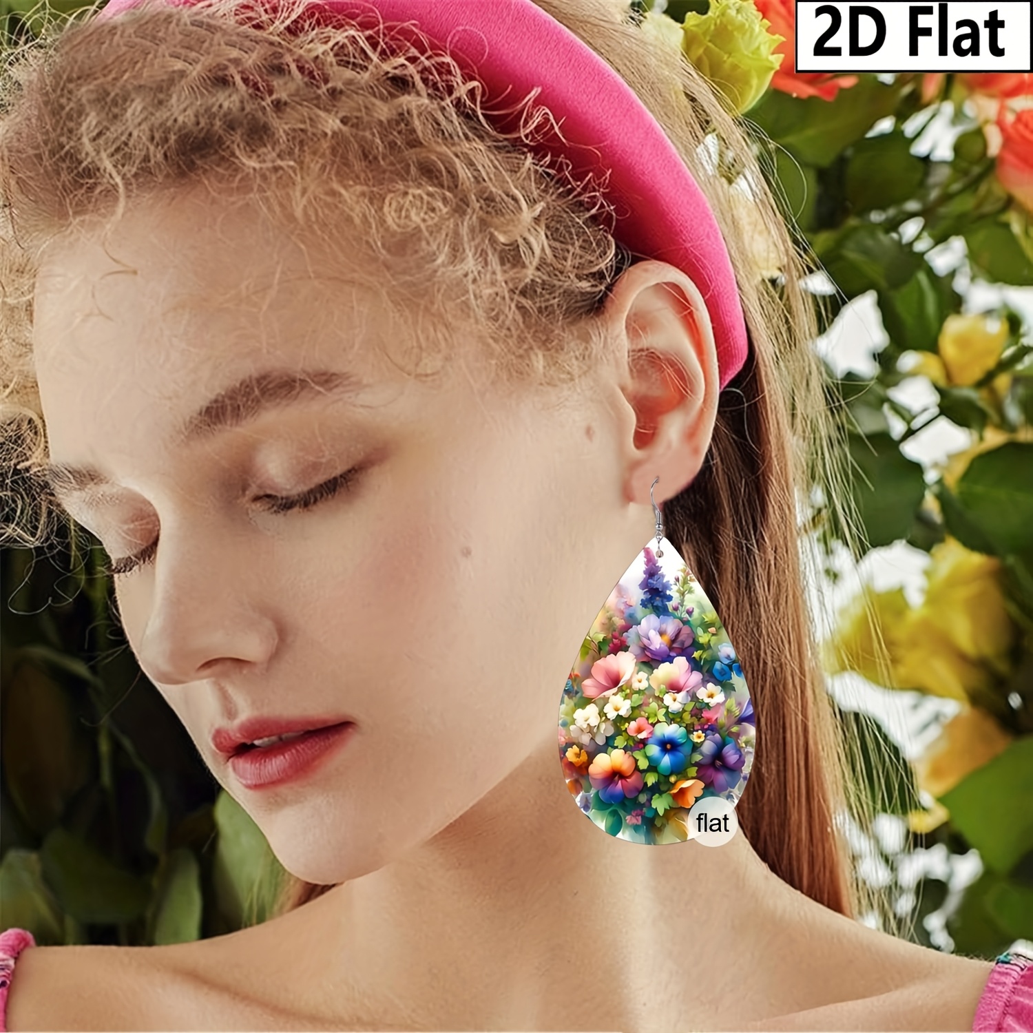 2D Flat Colorful Flower Bouquet Print PU Earrings, Double-Sided