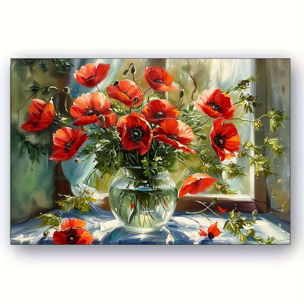 

Charming Red Poppy Bouquet Canvas Art Print - Sunny Day Garden Scene With Green Leaves & White Curtain, Perfect For Home Or Office Decor, 12x16 Inches
