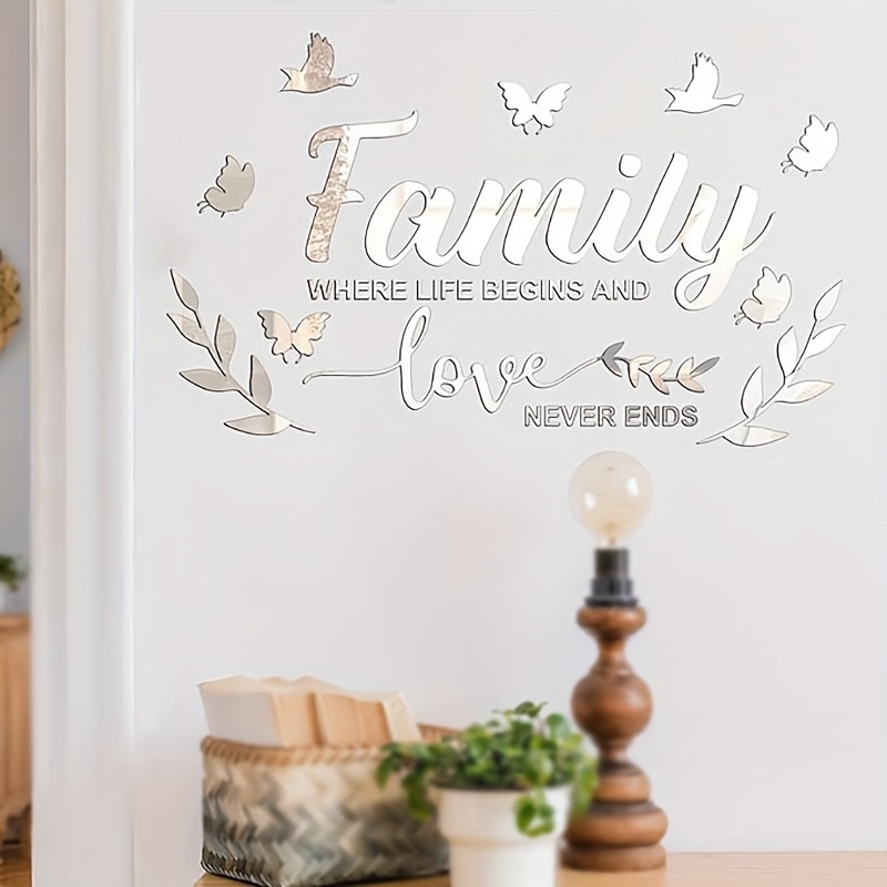 Image of 1 Set Mirror Family Wall Decor 3d Acrylic Wall Sticker Decal Home Lettering Quote Mirror Decoration Removable Wall Art Decal Inspirational Mural Sticker Home Decor Silvery