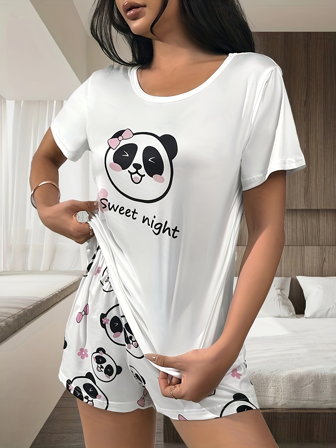 YIJIU Women's Cute Panda Print Pajama Set - Short Sleeve Top & Pants - Soft Polyester Spandex 13 thumbnail image