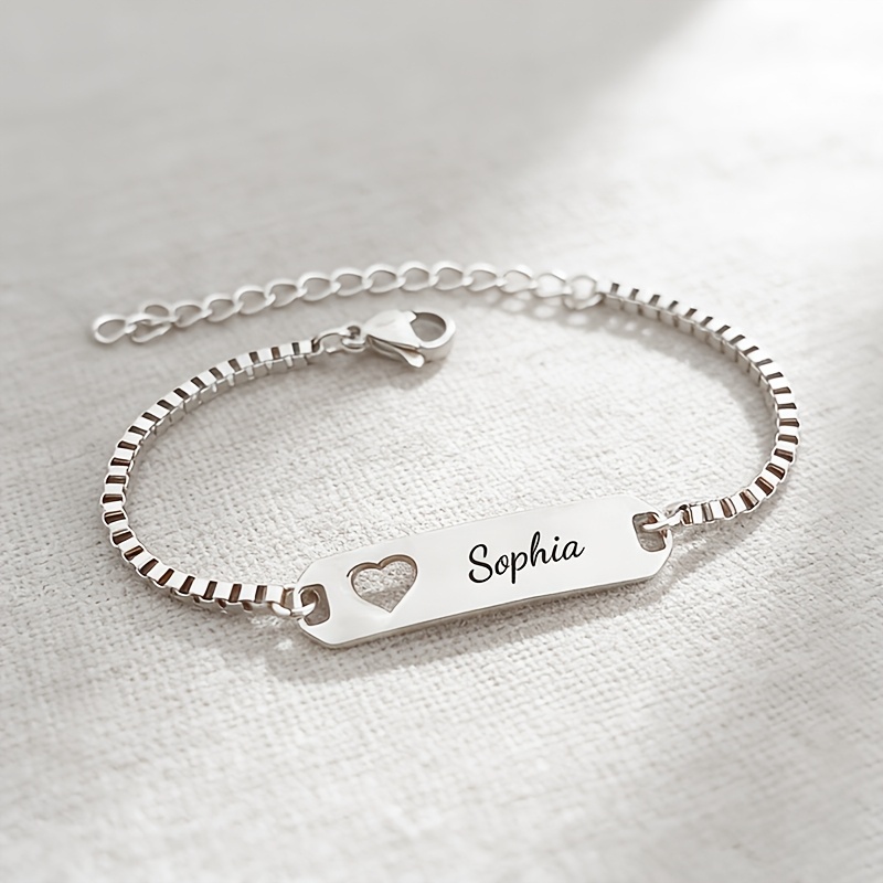 TEMU Custom Exquisite Hollow-out Heart Name Bracelet, 18k Golden Plated 304l Stainless Steel, Hollow-out Heart Charm, Box Chain Bracelet, Modern