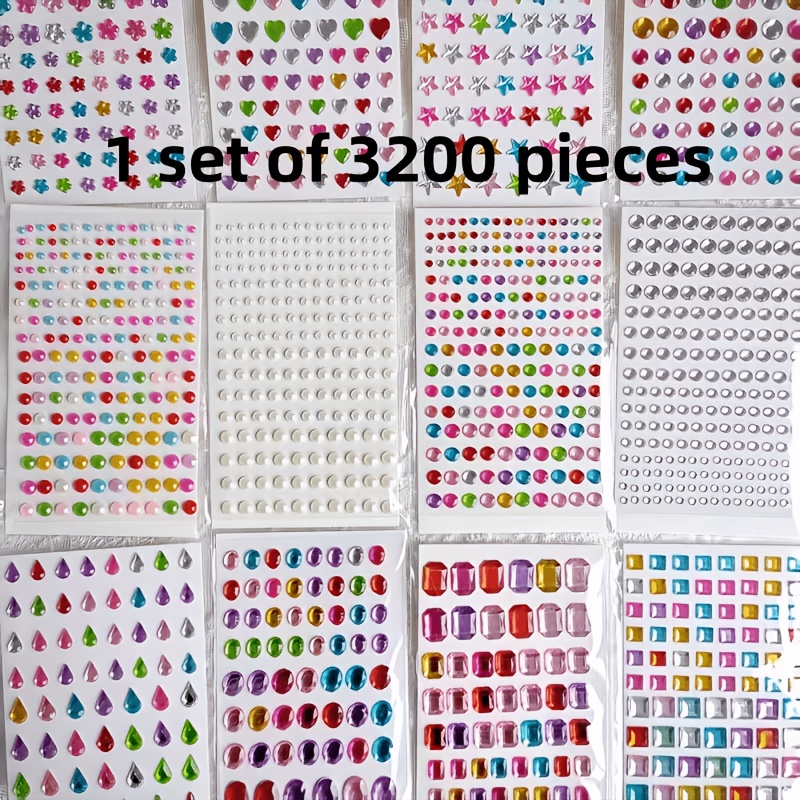 1 Set Of 3200-color Adhesive Rhinestones, Made From Synthetic Gemstones, Totaling 12 Sheets With . Suitable For Decorating Eyes, Heart And Star Patterns, And With Pearl Chains
