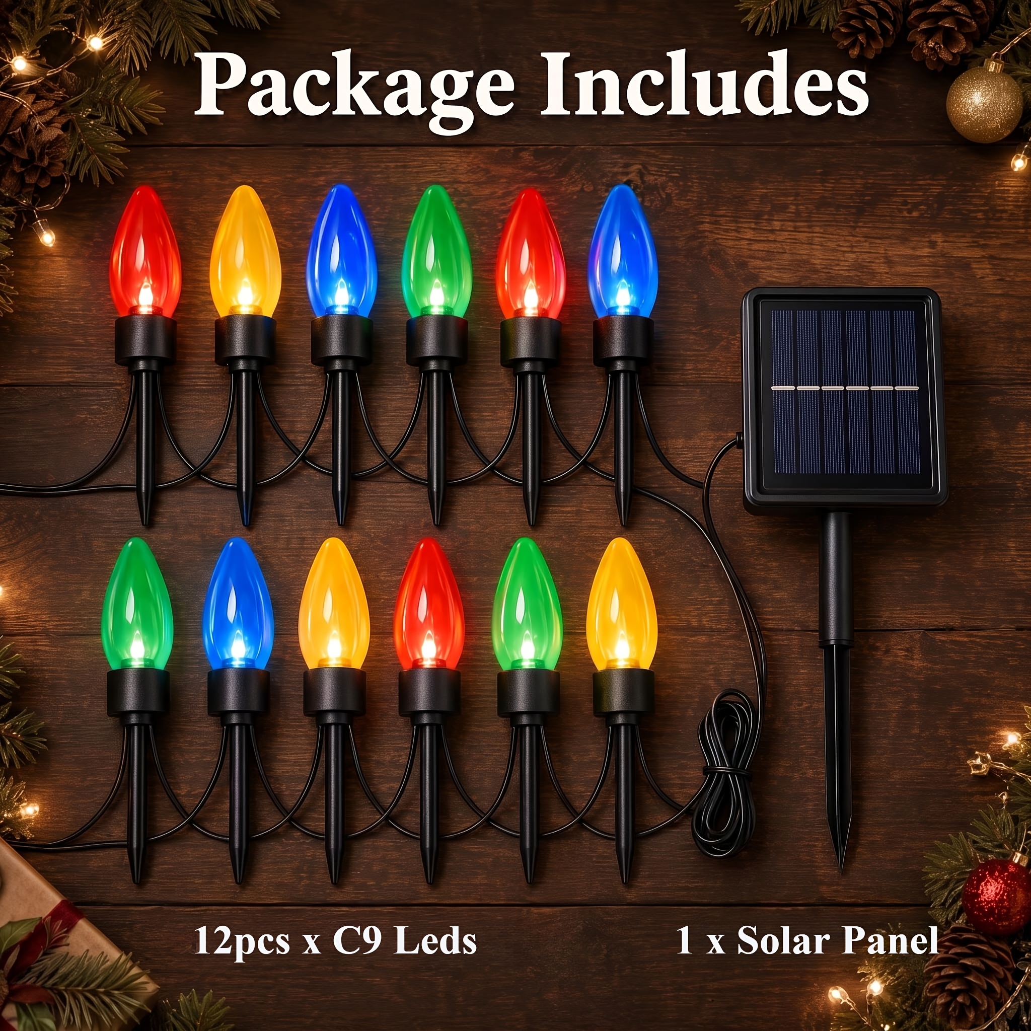 TEMU 2026 Upgraded C9 Large Light Bulb Christmas Decoration, Waterproof, 8 Lighting , Multicolor Christmas Lawn Stake Lights, 12 Bulbs Solar Powered