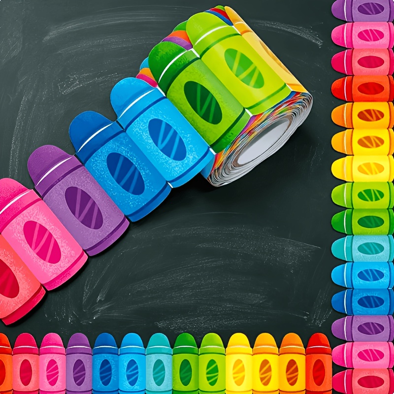 TEMU 1 Roll 16.5ft Crayon Shape Bulletin Board Border, Colorful Wavy Classroom Trim Decoration, Waterproof Paper Border Sticker Chalkboard Wall Decor