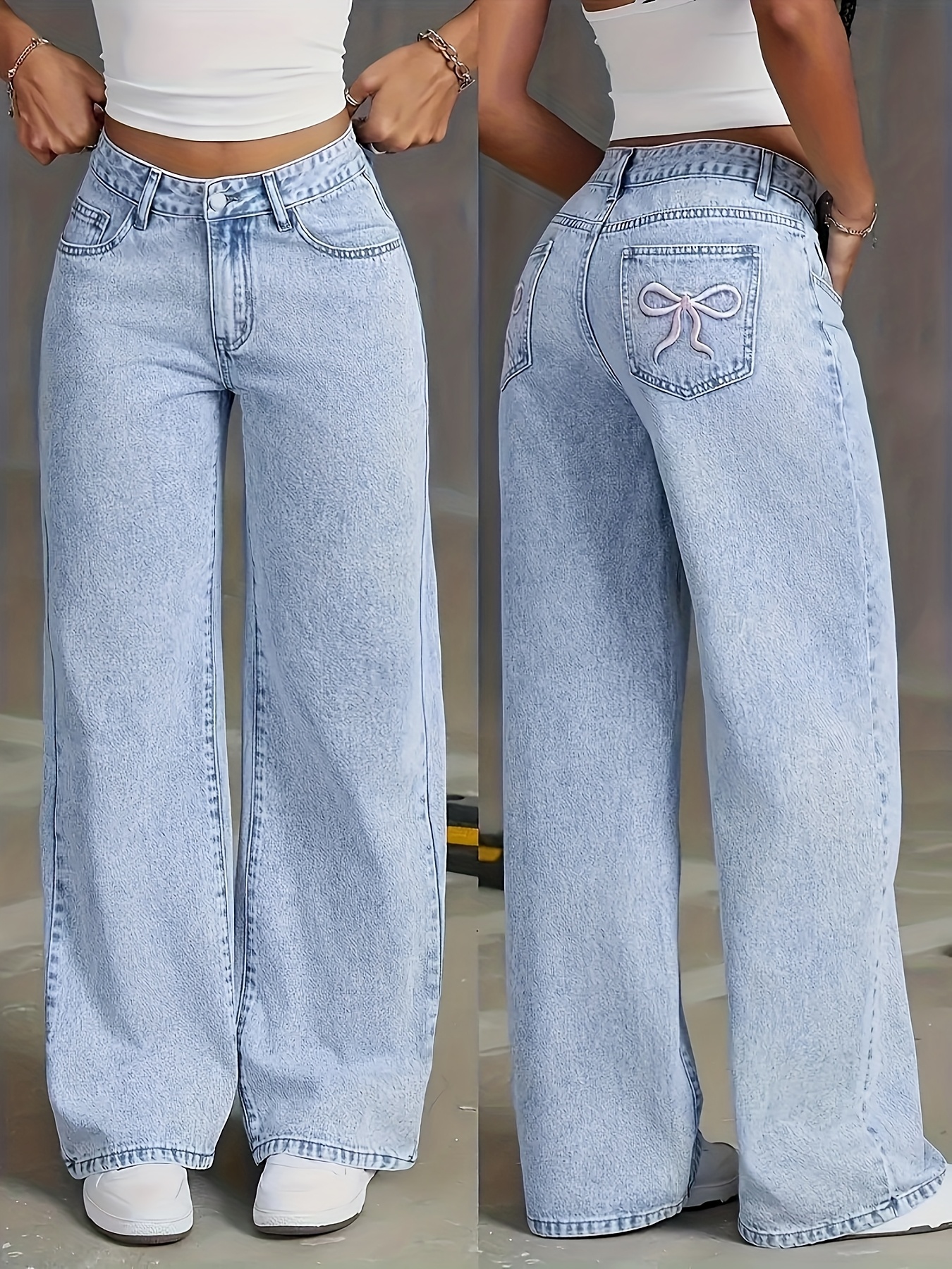 Women's High-Waisted Wide Leg Jeans with Embroidered Bow Detail, Light Blue Denim, Casual Loose Fit, Machine Washable, Comfortable Casual Attire