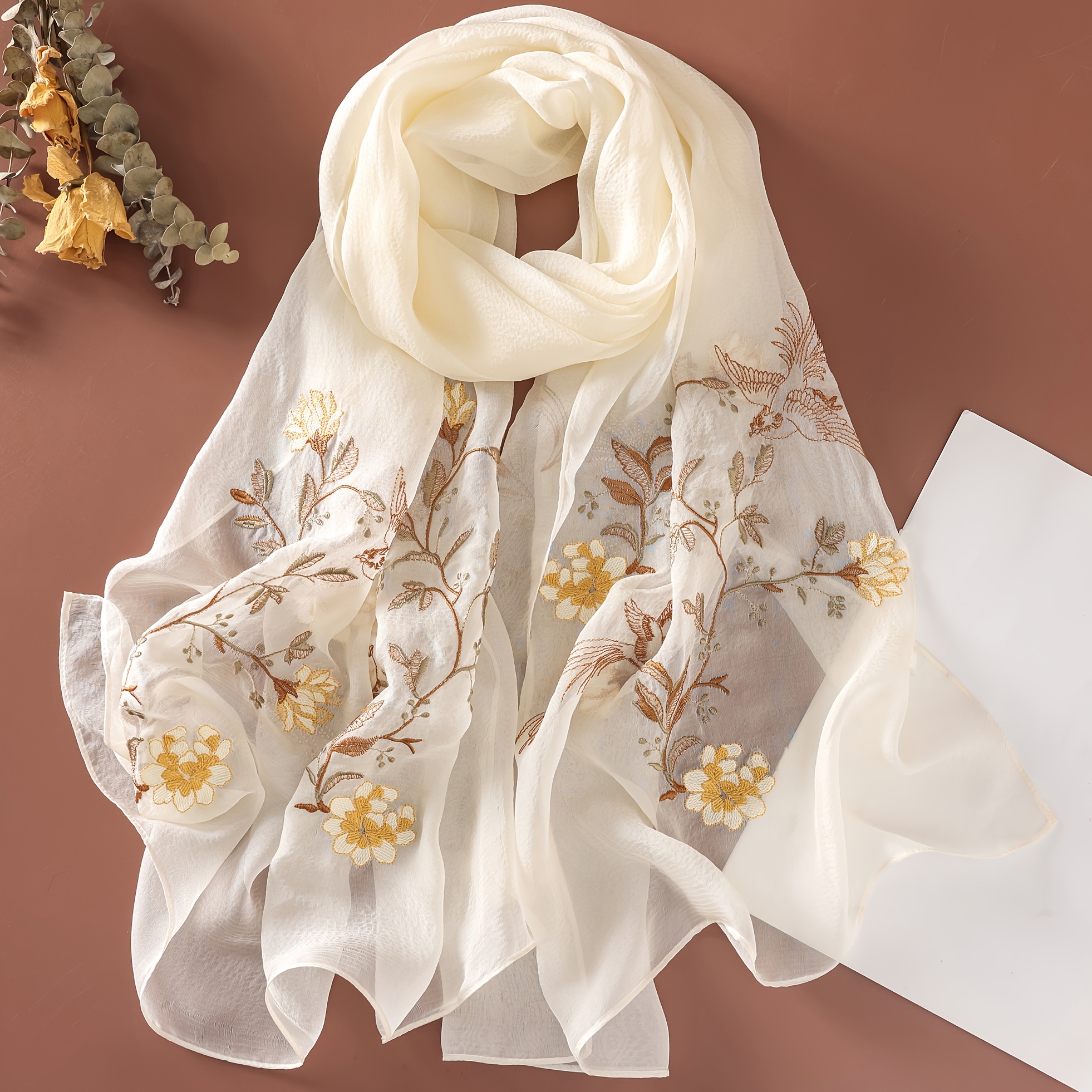 elegant floral embroidered silk scarf 100% Temu United Kingdom