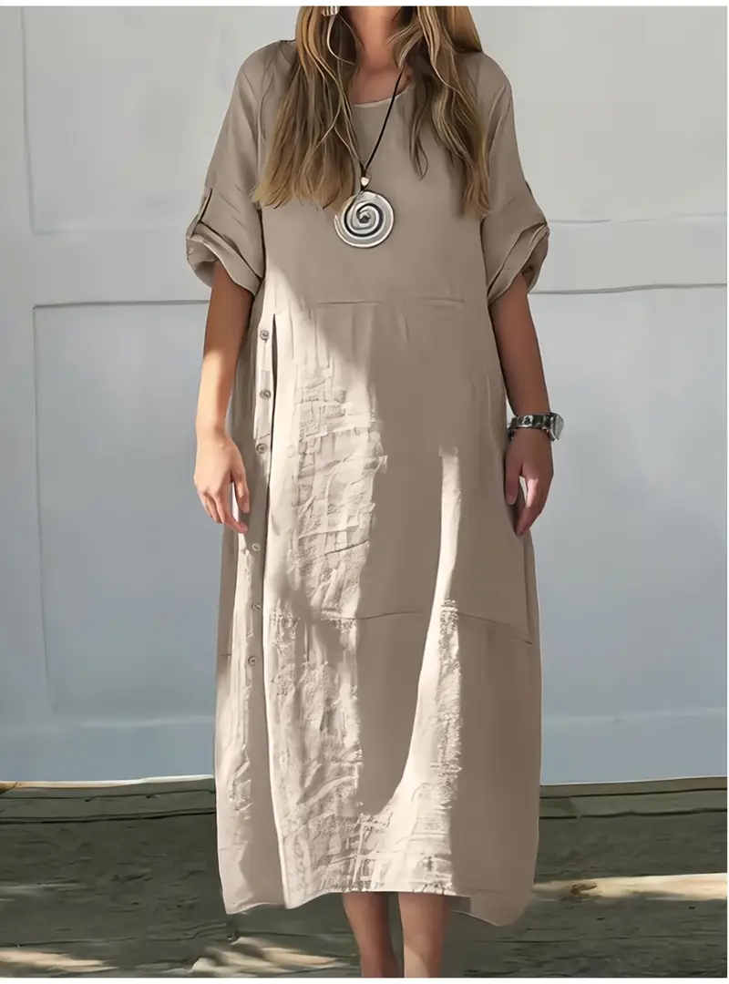 γυναικείο καθημερινό φόρεμα α-γραμμής με κουμπιά και σπασίματα στο πλάι - ζωηρό κίτρινο, χαλαρή εφαρμογή με στρογγυλή λαιμόκοψη για άνοιξη/καλοκαίρι, κομψό ρούχο που πλένεται στο πλυντήριο, κλασική σιλουέτα, αναπνεύσιμο υλικό, χαλαρός στυλ Στοιχεία είδους 4