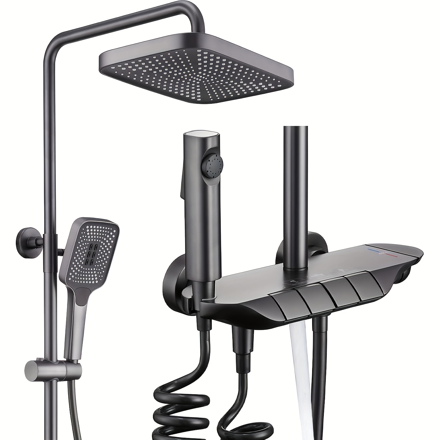 TEMU Black Shower System With Shower Set Wall Piano Button Shower Set Height Adjustable Rain Shower Set With Shower Fitting, 19x30cm Shower Head, 3