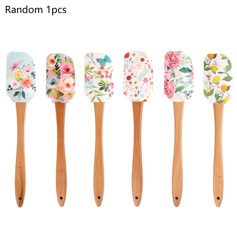 Image of 1pc Random Style Floral Print Silicone Spatula With Wooden Handle, Kitchen Baking And Pastry Scraper, Additions, Non-electric, Utensil