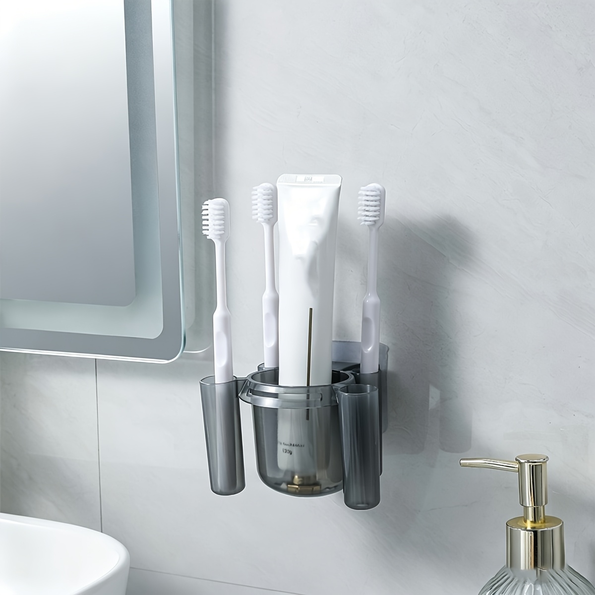 TEMU 1pc No-drill Wall-mounted Toothbrush Holder, Bathroom Toothpaste Organizer With 4 Slots And Central Compartment, Ventilated Drainage Design