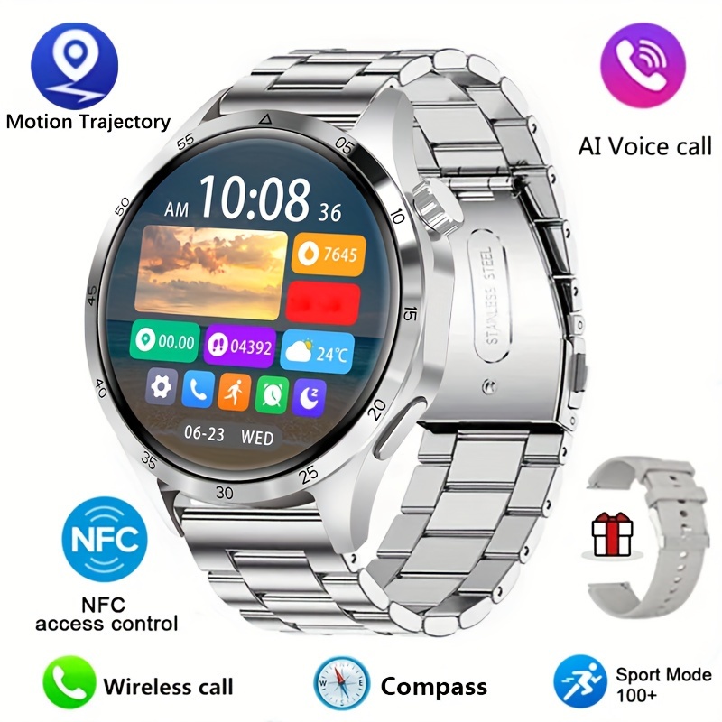 NFC Smart Watch For Men, GPS Motion Trajectory AMOLED 360*360 HD Screen, AI Voice Wireless Call, Compass Sport Fitness Tracker Smart Watches_voghion.com