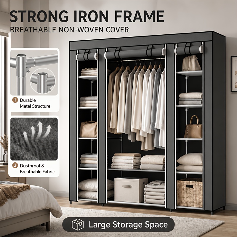Image of Stable Veralumia Wardrobe, Fabric Wardrobe With Clothes Rail And Shelves, Fabric Wardrobe For Bedroom Lots Of Storage Space, Foldable, Gray, Black