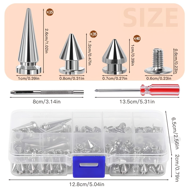 E-shop 180 Stück Kegelspikes in Verschiedenen Größen, Schraubnieten, 3 Größen Metall-Baumspikes für Punk-Stil Kleidungszubehör DIY Basteldekoration